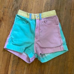 Pastel colorblock high-waisted denim shorts